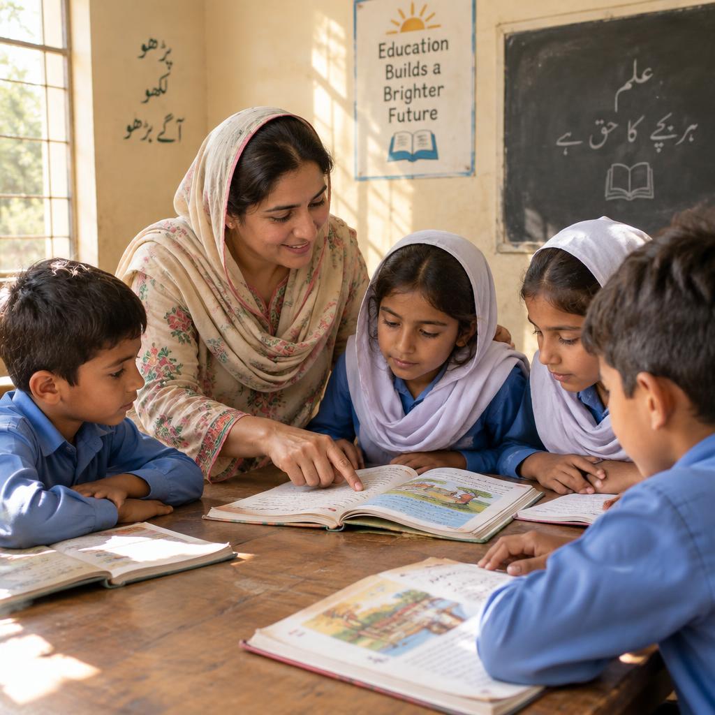A teacher guiding young students through a lesson