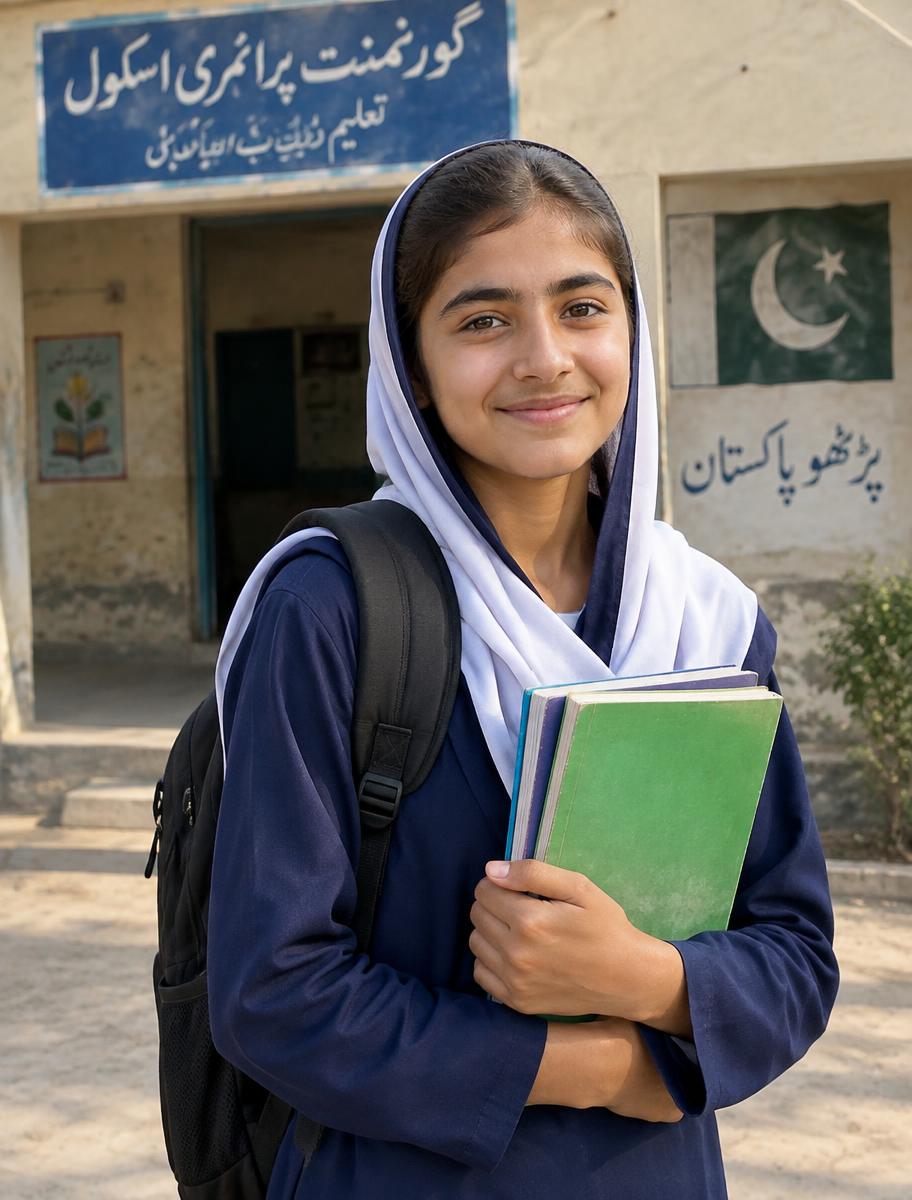 A sponsored student smiling outside her school